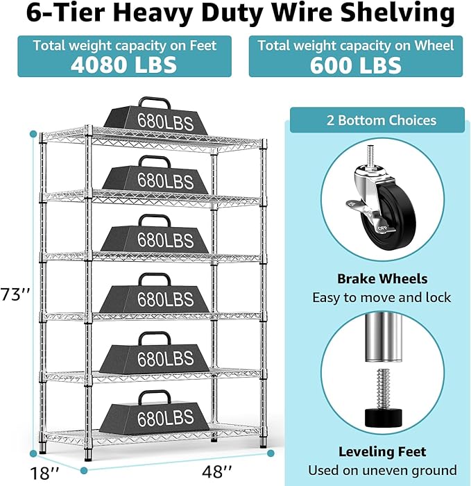 Steel Storage Shelving 6-Tier Utility Shelving Unit with Wheels, Steel Organizer Wire Rack for Home,Kitchen,Office,Garage,17.7" D x 47.2" W x 76.7" H