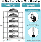 Steel Storage Shelving 6-Tier Utility Shelving Unit with Wheels, Steel Organizer Wire Rack for Home,Kitchen,Office,Garage,17.7" D x 47.2" W x 76.7" H