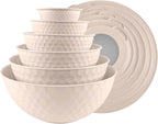 COOK WITH COLOR Mixing Bowls with Lids - 12 Piece Plastic Nesting Bowls Set includes 6 Prep Bowls and 6 Lids, Non Slip Bottom and Embossed Design - Microwave Safe (Cream)