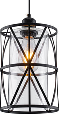 Black Industrial Metal Pendant Light with Clear Glass Shade, Transitional Cylinder Pendant Lighting Fixture for Kitchen Island Sink Counter Dining Room
