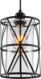 Black Industrial Metal Pendant Light with Clear Glass Shade, Transitional Cylinder Pendant Lighting Fixture for Kitchen Island Sink Counter Dining Room