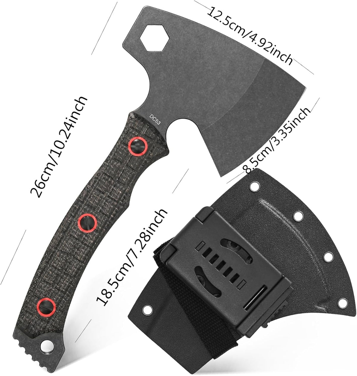 C1393 Camping Hatchet Survival Axe,DC53 Steel Blade with Micarta Handle Multitool Axe Hex Wrenches with Kydex Sheaths for Chopping Wood,Gardening,Outdoor Camping Hiking(Black)
