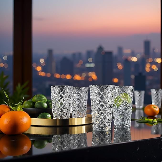 Glaver's Drinking Glasses Set of 4. Tall Highball Glasses. 14oz. Textured Diamond Cut Elegant Drinking Glass Cups - Kitchen Glassware for Water, Iced Tea, Juice, Cocktail.
