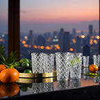 Glaver's Drinking Glasses Set of 4. Tall Highball Glasses. 14oz. Textured Diamond Cut Elegant Drinking Glass Cups - Kitchen Glassware for Water, Iced Tea, Juice, Cocktail.