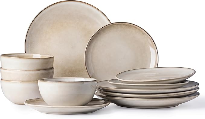 AmorArc Ceramic Dinnerware Sets for 4, 12 Pieces Handpainted Stoneware Plates and Bowls Set, Scratch Resistant Dishes Set, Dishwasher & Microwave Safe, Cappuccino