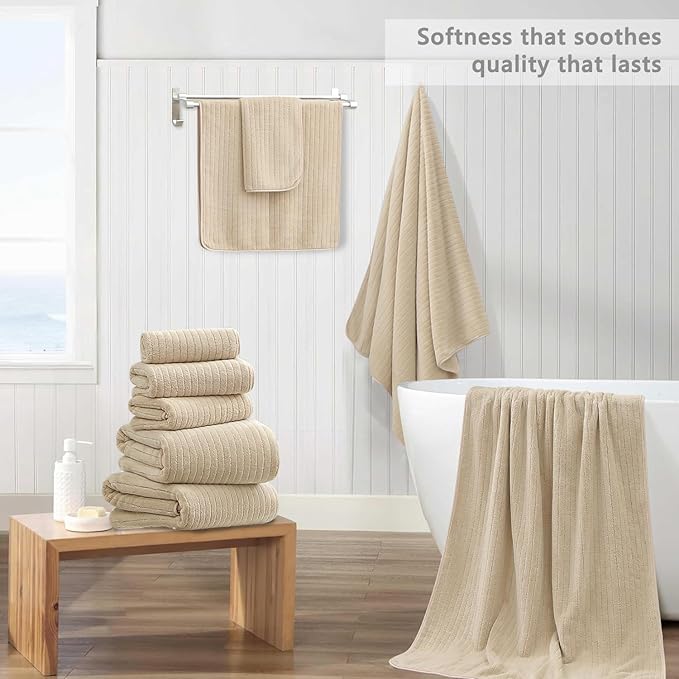 18 Piece Bath Towels Set,Ultra Soft Family Bathroom Towel Set with Hanging Loops-6 Bath Towels,6 Hand Towels,6 Washcloths,Highly Absorbent Quick Dry Shower Towel for Bathroom,Hotel,Spa-Beige Towel Set