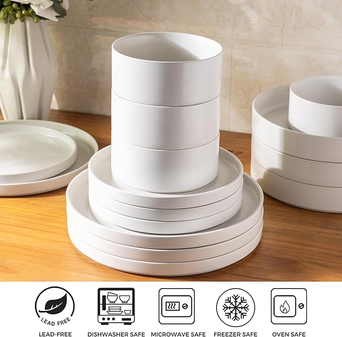 GBHOME Ceramic Dinnerware Sets for 8, Stoneware Plates and Bowls Sets, Chip and Scratch Resistant Dishes, Dishwasher & Microwave& Oven Safe Dishes sets, Reactive Glaze-White