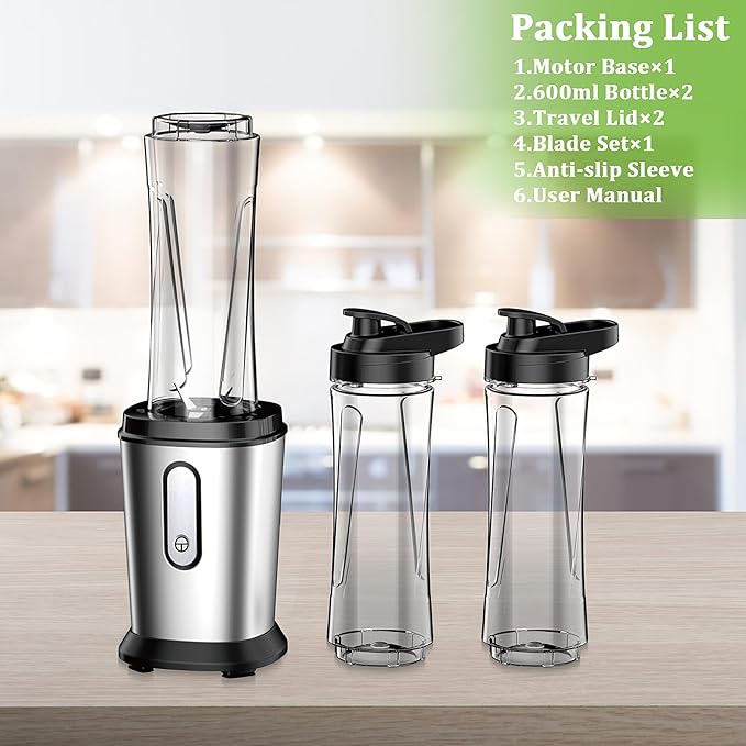 Electric Smoothie Blender, Powerful Small Blender with 2 Portable 20oz Tritan blender Bottles, BPA-Free Personal Blender with 4 Stainless Steel Blades, Mixer Smoothie Maker for Shakes and Smoothies