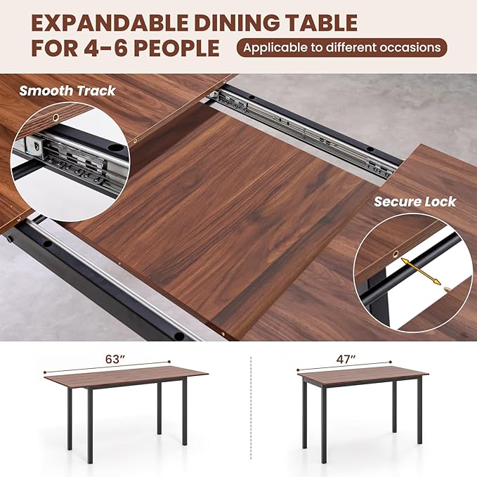 Giantex 3-Piece Dining Table Set for 4-8, 63” Extendable Dining Table with 2 Benches, Metal Frame, Dinette Table Set for Dinner, Breakfast Nook, Kitchen, Living Room, Restaurant, Walnut