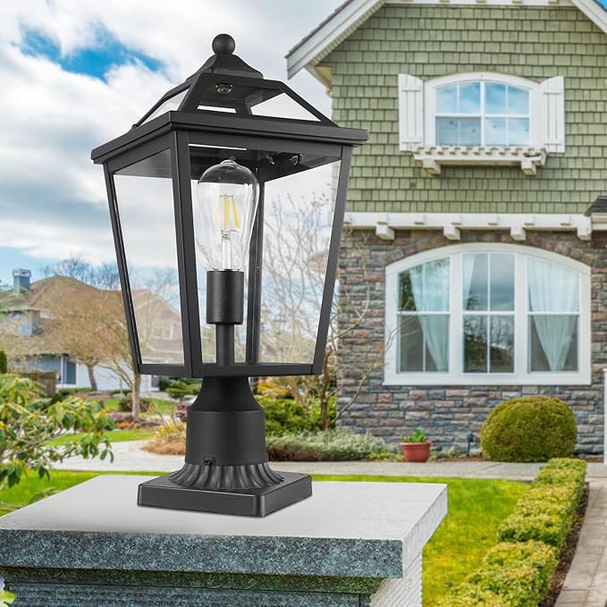 Colonial Outdoor Post Light Fixture, 8.5 Inch Large Modern Exterior Pillar Lantern with Black Finish & Clear Glass, Pole Light for Garden, Backyard, Courtyard, Patio, Pathway,RZ-033P BK-1