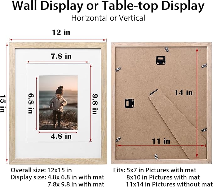KINLINK 11x14 Picture Frame Natural, Solid Wood Frames 14x11 with Acrylic Plexiglass for Pictures 5x7/8x10 with Mat or 11x14 without Mat, Tabletop and Wall Display Photo Frame Set of 4