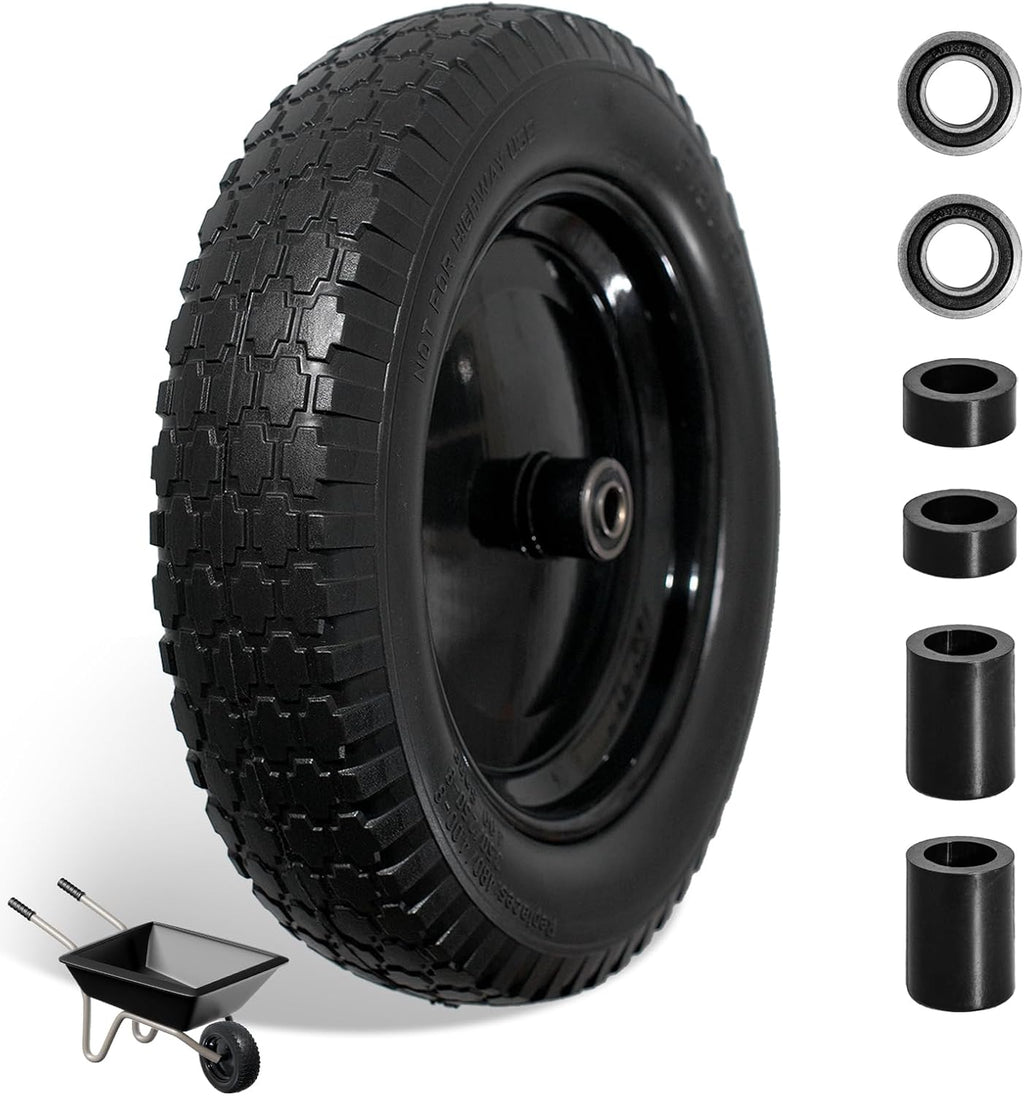 Wheelbarrow Tire 4.80/4.00-8 Flat Free Solid Tire Wheel 14.5 Inch, Replacement Heavy Duty Wheel, with 5.8" and 3.4" Bearings 3" Center Hub, fits Garden Cart, Dolly, Hand Truck, Trailer, Wagon, 1 Pcs