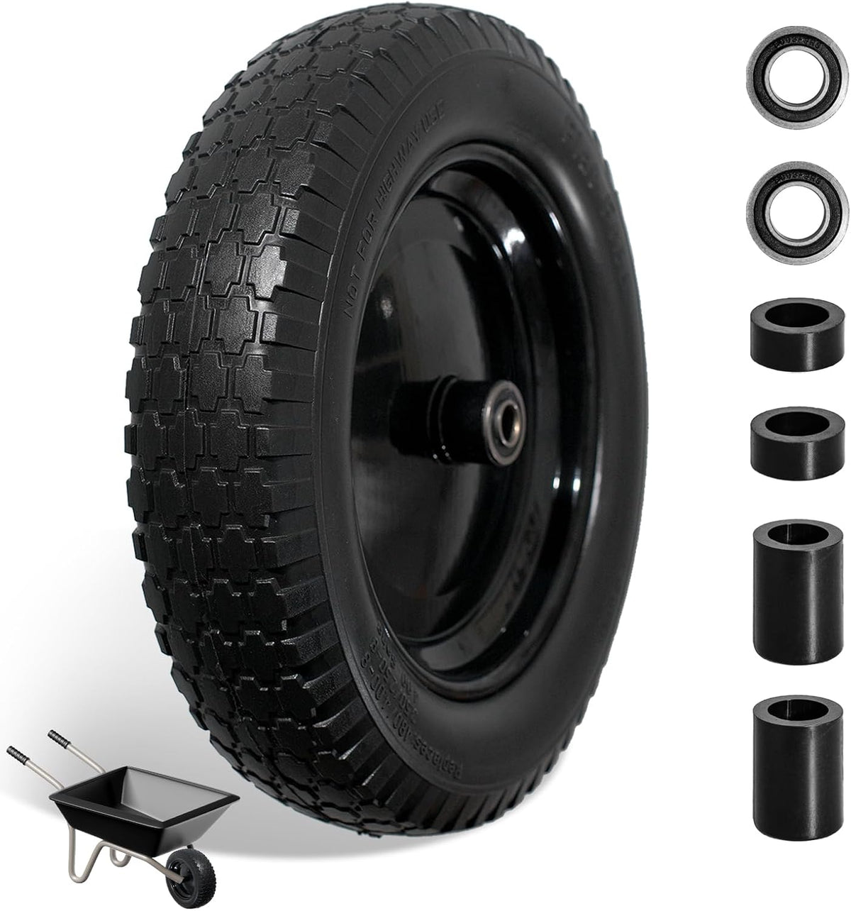 Wheelbarrow Tire 4.80/4.00-8 Flat Free Solid Tire Wheel 14.5 Inch, Replacement Heavy Duty Wheel, with 5.8" and 3.4" Bearings 3" Center Hub, fits Garden Cart, Dolly, Hand Truck, Trailer, Wagon, 1 Pcs