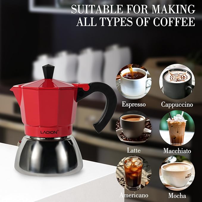 Stovetop Espresso Maker, 3Cup Moka Pot, Espresso Machine Compatible with Induction Cooktops, 150ml Stainless Steel & Aluminum Cuban Coffee Maker for Cafetera Cubana, Red