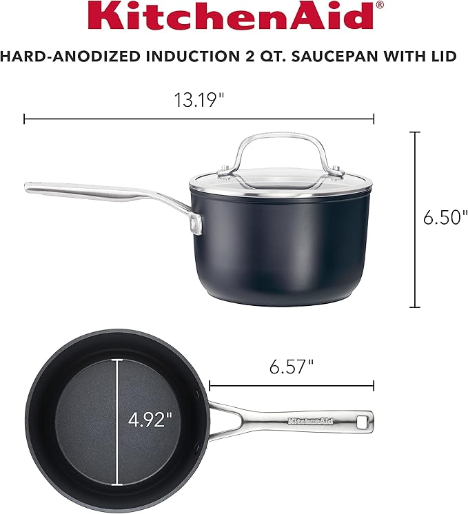 KitchenAid Hard Anodized Induction Nonstick Saucepan with Lid, 2 Quart, Matte Black