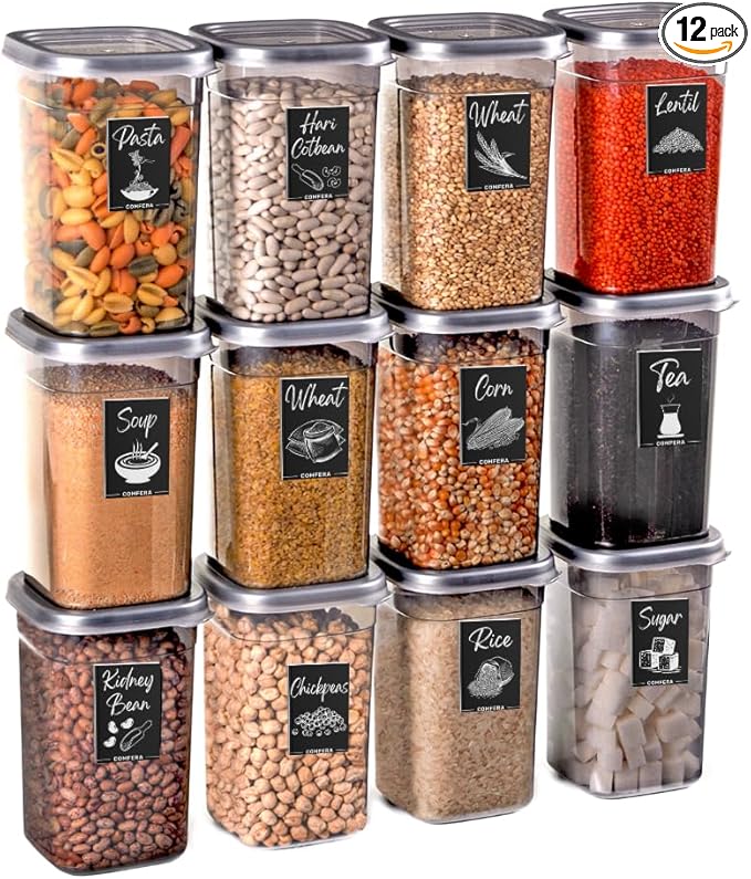 "12-Piece 40 OZ BPA-Free Airtight Food - Food Storage Containers With Lids, Flour, Pantry Storage Includes 20 Reusable Washable Labels, Kitchen Organizer