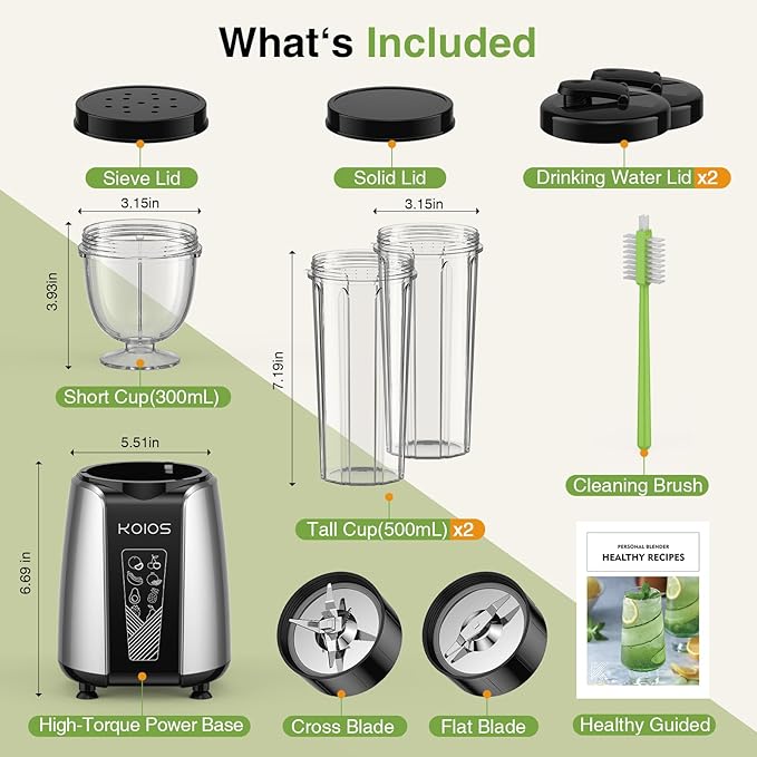 KOIOS Smoothie Blender, Max 1000w Personal Blender for Shakes and Smoothies, 12Pcs Coffee Grinder and Countertop Blenders Combo for Kitchen, Portable Smoothie Blenders with 2x22 oz To-Go Cups, Non-BPA