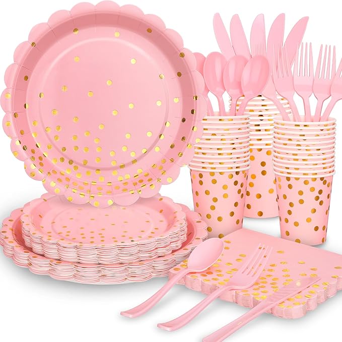 175 Pink Rose Gold Plates Napkins Party Decorations, Pink and Gold Disposable Party Supplies, Plastic Forks Knives Spoons Rose, Golden Dot Paper 9 Inch for Baby Shower Birthday, Severs 25