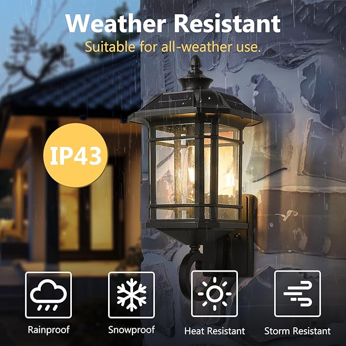 Emliviar Solar LED Wall Light Outdoor,Dusk to Dawn Solar Porch Light with Remote Control, Black Finish with Seeded Glass, Bulb Included, 22021M-SL BK