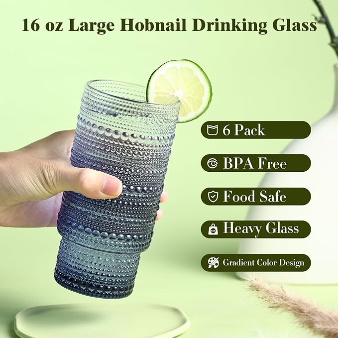 6pcs Hobnail Drinking Glasses Set, 16 oz Vintage Glassware Drinking Glasses, Gradual Gray-blue Water Glasses Tumbler, Cups for Kitchen, Juice, Beer, Cocktail, Whiskey