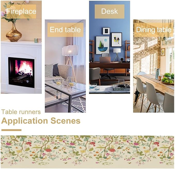 Floral Table Runner, Vintage Birds Wildflowers Herbs Nature Theme Linen Long Table Kitchen Dining Table Holiday Party Decorative Table Runner,13in（33cm） W * 36in（92cm） L