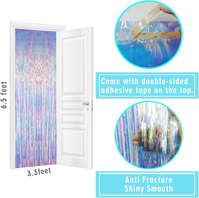 GOER 6.4 ft x 6.5 ft Metallic Tinsel Foil Fringe Curtains,Pack of 2 Party Streamer Backdrop for Mermaid Birthday Party Decorations(Neon Blue)