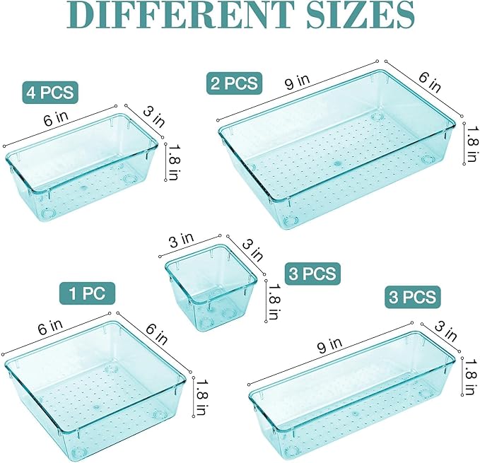 13 PCS Drawer Organizer Set, 5 Varied Size Bathroom and kitchen Drawer cabinet organizer Trays, Clear Storage Bins for Makeup, Jewelry, Utensils and Gadgets