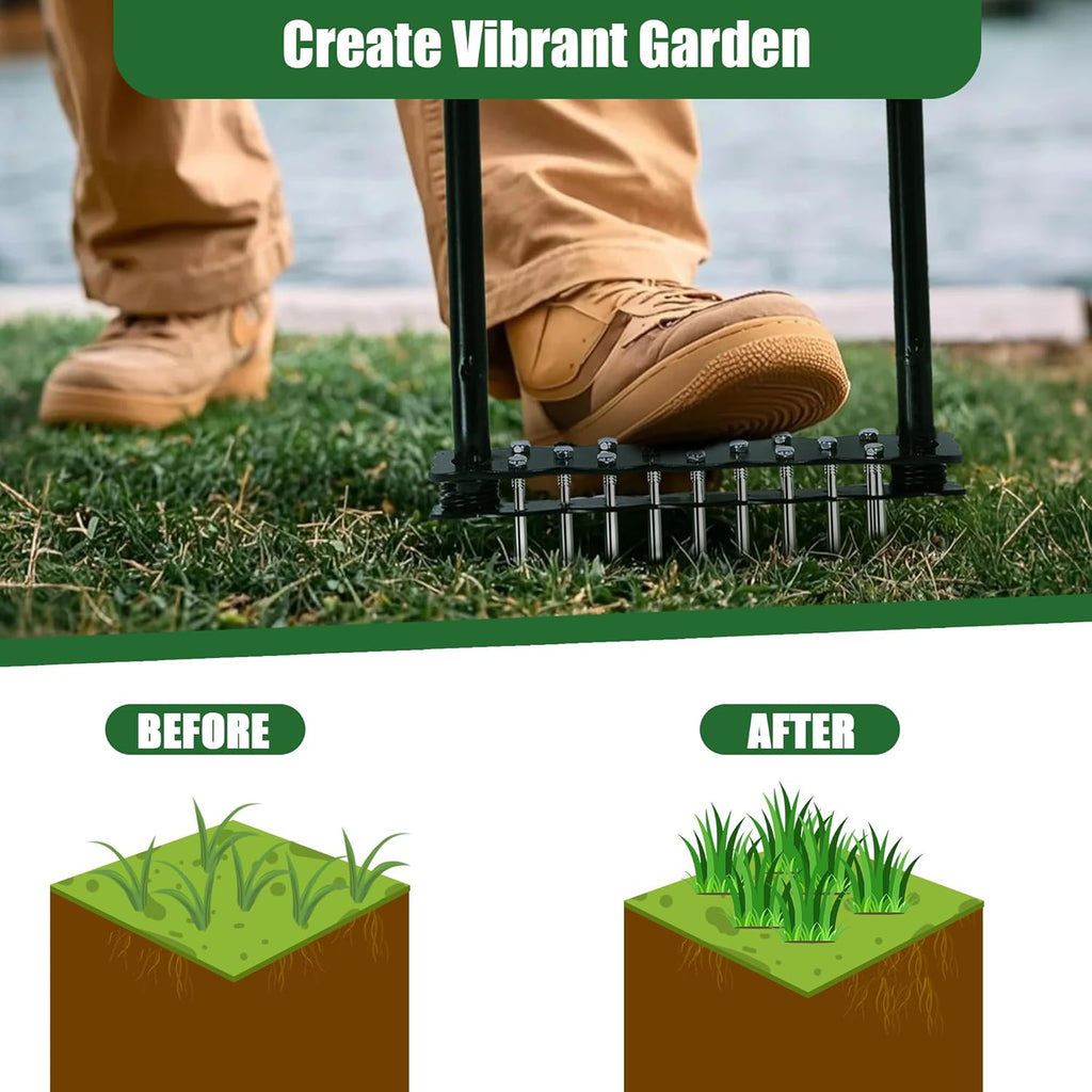 Lawn Aerator Tool, Manual Lawn Aerators with 14 Iron Spikes, Spring-Loaded Design Lawn Air Aerator Tool, Metal Manual Push Aerator, Lawn Tool for Loosening Soil Aerating Patio, Yard