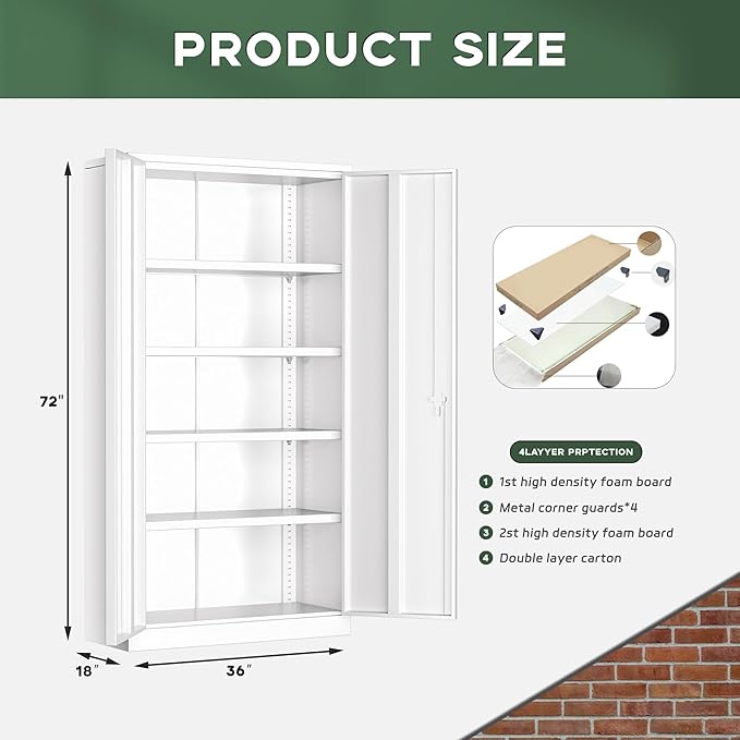 Greenvelly Metal Garage Storage Cabinet with Doors and Adjustable Shelves,72" Steel Lockable File Cabinet for Home Office,Garage,School(White,36" W x 18" D)