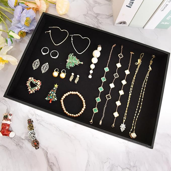 Black Velvet Jewelry Tray for Drawers Black Jewelry Display Tray Stackable Jewelry Trays Stackable Jewelry Organizer Trays for Necklace Bracelet Ring Watch Tray Felt Jewelry Tray(4 Pack)