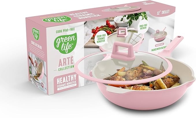 GreenLife Nonstick 12” (5QT) All in One Deep Skillet Wok with Lid, PFAS-Free Non-Toxic Ceramic Multi-Purpose Pan, Induction, All Stovetop, Egg, Stir Fry, Saute, Stay Cool Handle, Pink