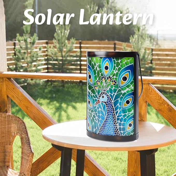 Hanging Solar Lantern Outdoor Waterproof Peacock Solar Lights Glass Tabletop Decorative Lamp for Outdoor Patio Garden Outside Yard Decor