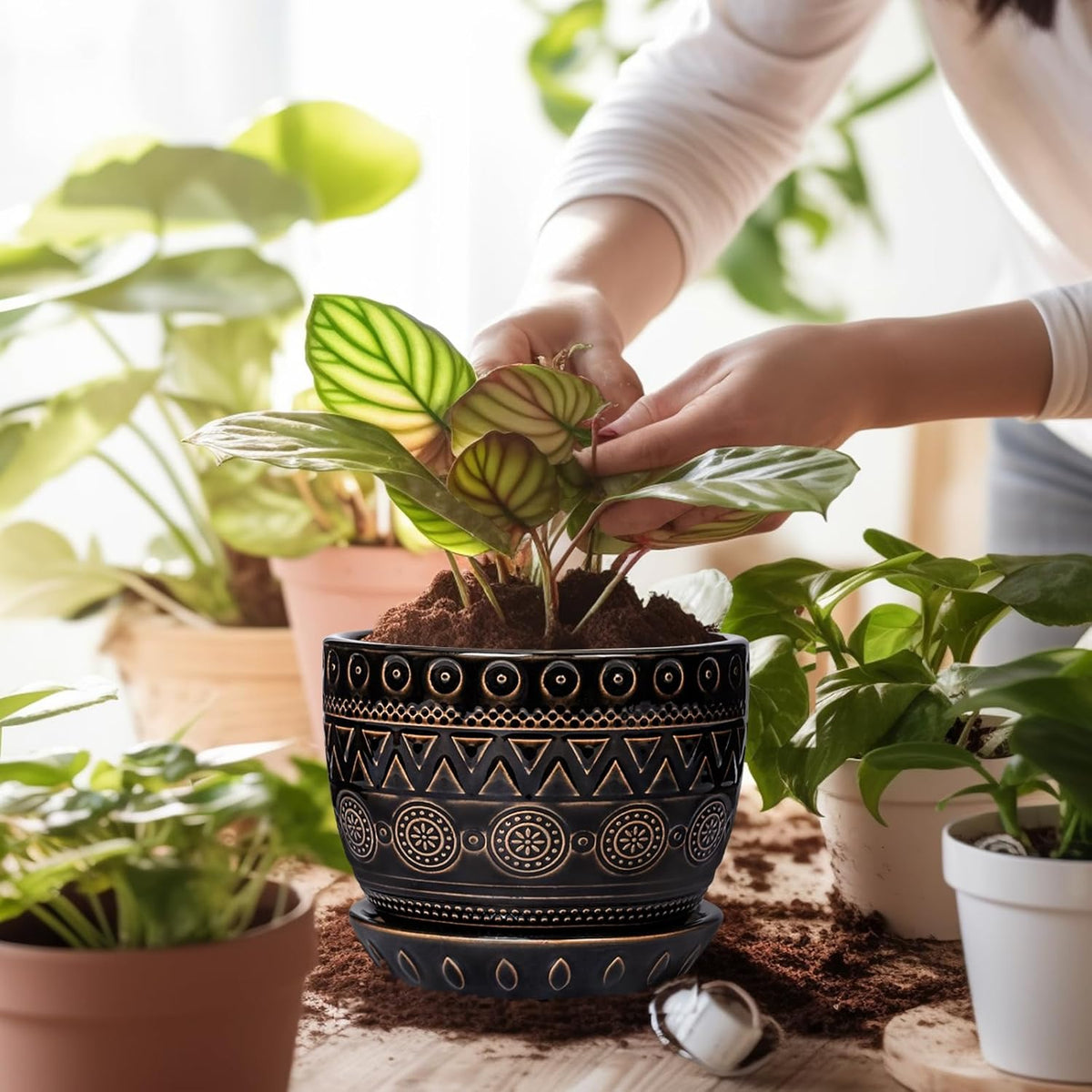 G EPGardening 5.5 Inch Ceramic Planter - Ceramic Plant Pot for Indoor Outdoor Plants, Boho Round Flower Pot with Drainage Hole and Saucer, Gifts for Plant Lovers, Office Garden Home Decor, Black