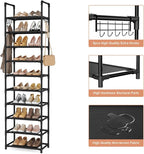 10 Tiers Shoe Rack 20-25 Pairs Large Capacity Tall Shoe Organizer Sturdy Shoe Storage with Two Hooks Metal Narrow Shoe Rack for Closet, Entryway, Bedroom, Black