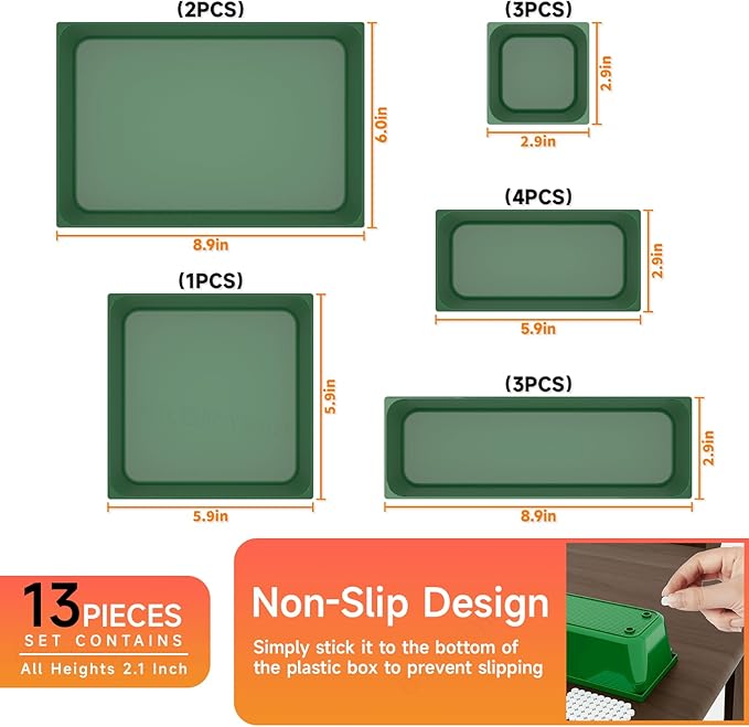 Utility Drawer Organizer Set of 13,With Non-Slip Silicone Pads, 5 Size Small Bins for Organization for Bathroom、Vanity、Nightstan、Kitchen、Office Desk Green Plastic Organizing Containers for Drawers