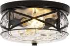 LamQee 9.8" Small Flush Mount Ceiling Light With Clear Hammered Glass, Black Hallway Light Fixtures Ceiling Mount for Bathroom, 2-Lights Farmhouse Close To Ceiling Light Kitchen Foyer Entryway Bedroom