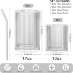 INSETLAN Set of 8 Ribbed Glassware - 4 Large Glasses 17 oz, 4 Rocks Glass Cups 10 oz, Vintage Glassware Cocktail Glasses, Ideal for Beer, Juice, Water, Ice Coffee Cup, Whiskey, Mixed Drinkware
