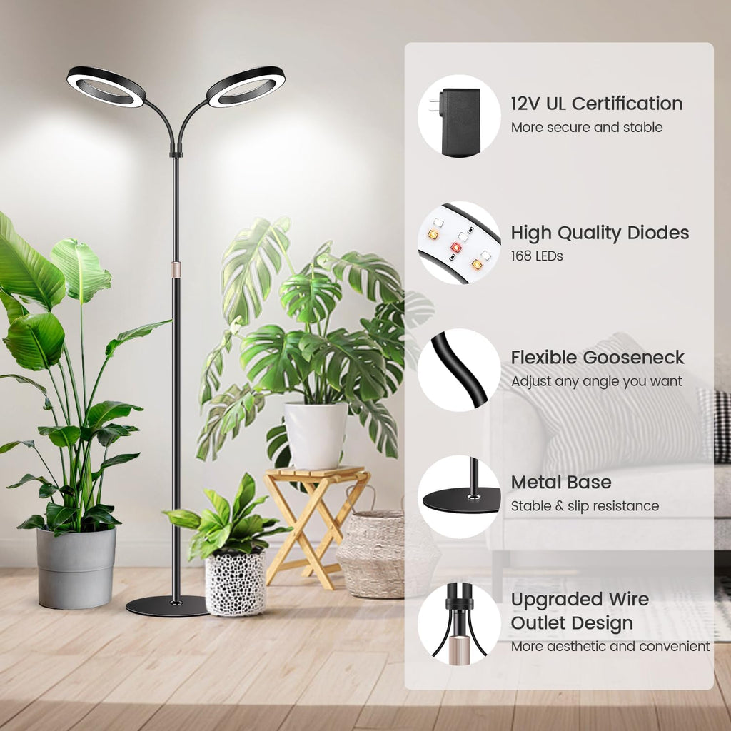 Garpsen Halo Grow Lights, Dual-Head Full Spectrum LED Plant Lights for Indoor Growing with Stand, 3 Color Modes Grow Lamp with Timer 6/12/16H, 5 Dimmable Levels, 168 LEDs and 67''Height Adjustable