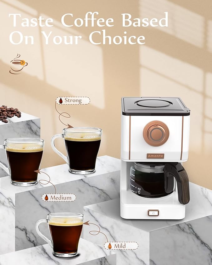 Amaste Retro Style Coffee Machine with 25 Oz Glass Coffee Pot, Reusable Coffee Filter & Three Brewing Modes, 30minute-warm-keeping, Elegant White with Rose Gold