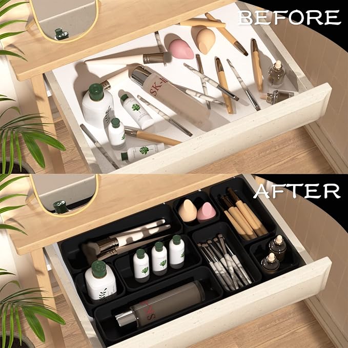 CHANCETSUI 6 PCS Stackable Drawer Organizers Set, Versatile Desk and Vanity Drawer Organizer Trays, Storage Bins for Makeup, Bathroom, Bedroom, Kitchen and Office, Black