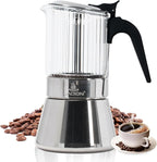 Stovetop Espresso Maker, 6Cup 240ml Moka Pot, Crystal Glass-top & Stainless Steel Coffee Maker Mocha Pot, Greca De Cafe, Cuban and Italian Coffee Maker for Cafetera Cubana