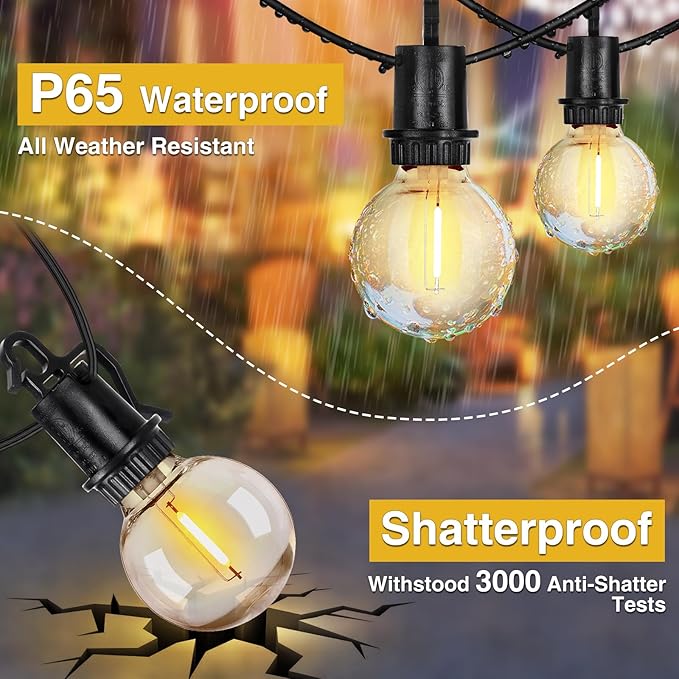 ZJOJO 35FT Outdoor String Lights, G40 Globe Outdoor Lights with 15 Shatterproof LED Bulbs 2700K, IP65 Waterproof Patio Light
