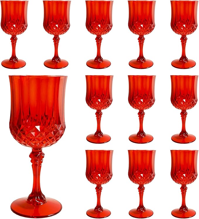 Plastic Wine Glasses，Plastic Goblets Vintage Style Cordial Drinking Glasses for Wedding Reception, Grand Event Party Supplies (12, Red)