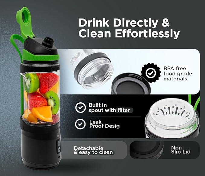 Rechargeable Smoothie Blender 700ml – Portable Mini Travel Blender for Shakes and Smoothies with Six Stainless Steel Blades and USB Charging (Black and Green)