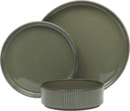 Gibson Elite 12 Piece (Service for 4) Townscape Plates and Bowls Reactive Glaze Embossed Round Dishes Terracotta Ceramic Dinnerware Set - Dark Green