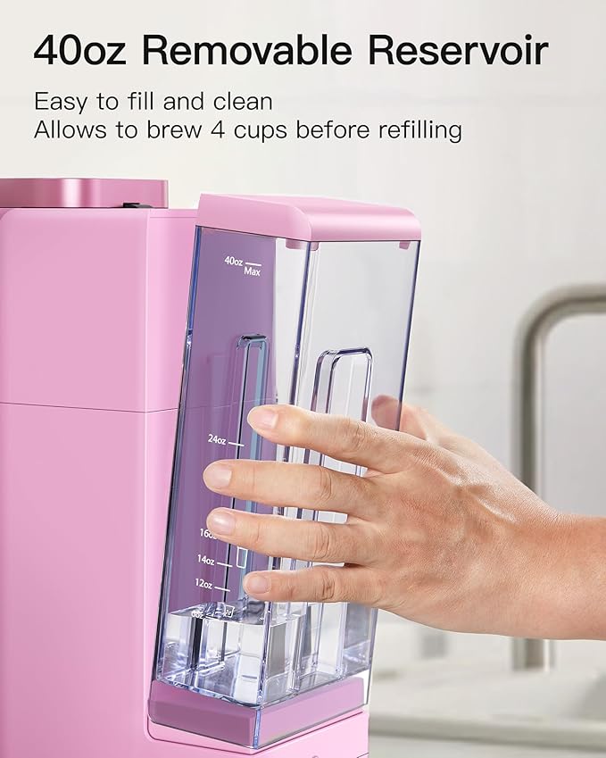 Single Serve Hot & Iced Coffee Maker with Strong Brew, 40oz Removable Reservoir, 6 Brew Sizes, Compatible with K Cup and Grounds, Compact for Home, Office, RV and Dorm, Pink (2.0 Version)