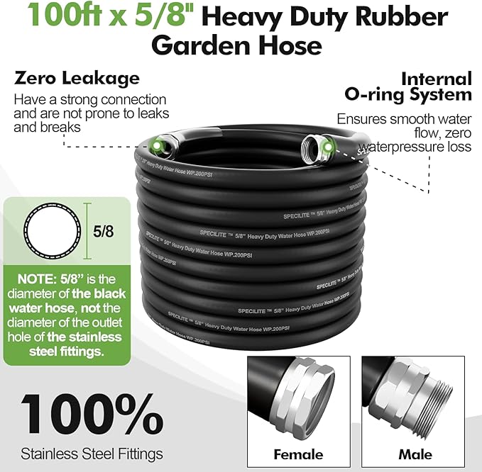 SPECILITE 5/8" Garden Hose 100 ft with High Flow Nozzle, Heavy Duty Flexible Hybrid Rubber Water Hose for Outdoor, Lightweight, Leak-Proof, No-Kink, 3/4"Stainless Steel Fittings,Black