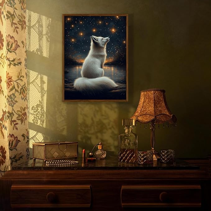Djmwtb Framed Vintage Wall Art, White Fox Wall Decor,Starry Night Landscape Paintings for Bedroom, Woodland Animal Canvas Pictures Artwork Prints for Living Room 16x24in