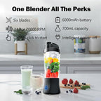 Portable Blender, 24oz Personal Blender for Shakes & Smoothies, 6000mAh, Leakproof-Lid & Sip Spout, BPA Free, USB-C Rechargebale and Self Cleaning Portable Juicer with 6 Sharp Blade, Black