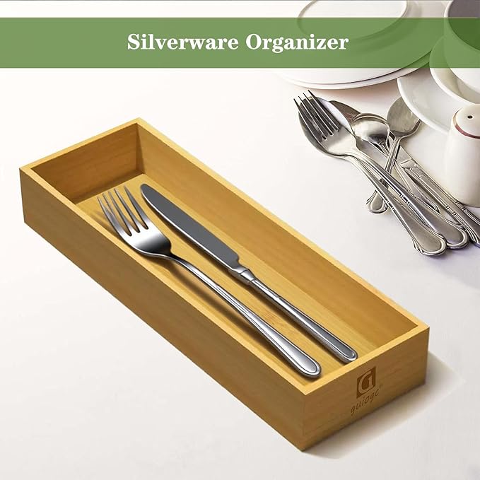 Bamboo Drawer Silverware Organizer, Utensil Organizer, Bamboo Storage Box Wood Silverware Tray for Drawer Set of 2